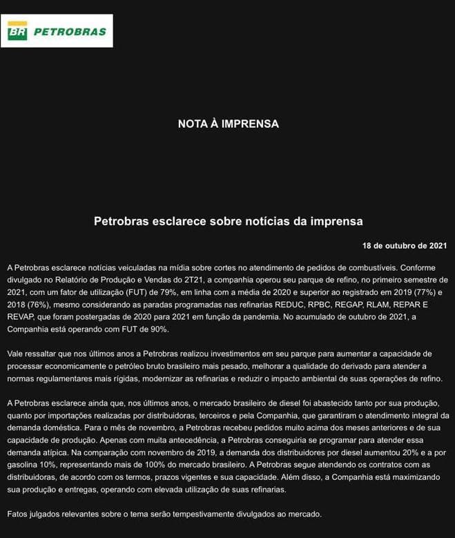 Segura na cadeira: Petrobras admite risco de faltar combustível em novembro