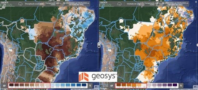 Figura 1. Precipitação acumulada em relação à média dos últimos 10 anos (esquerda) e umidade do solo em relação à média dos últimos 10 anos (direita).
Fonte: Geosys AgriQuest tool